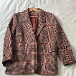 Vintage Plaid Houndstooth Wool Blazer Jacket in Rust & Black Size L Office Look